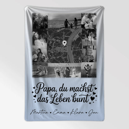 Personalisierte Decke für Mann mit 10 Fotos und Karte in der Mitte Schwarz-Weiß Papa du bist mein Farbtupfer 7