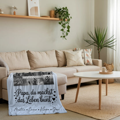 Personalisierte Decke für Mann mit 10 Fotos und Karte in der Mitte Schwarz-Weiß Papa du bist mein Farbtupfer 4
