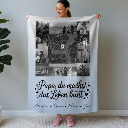 Personalisierte Decke für Mann mit 10 Fotos und Karte in der Mitte Schwarz-Weiß Papa du bist mein Farbtupfer 1
