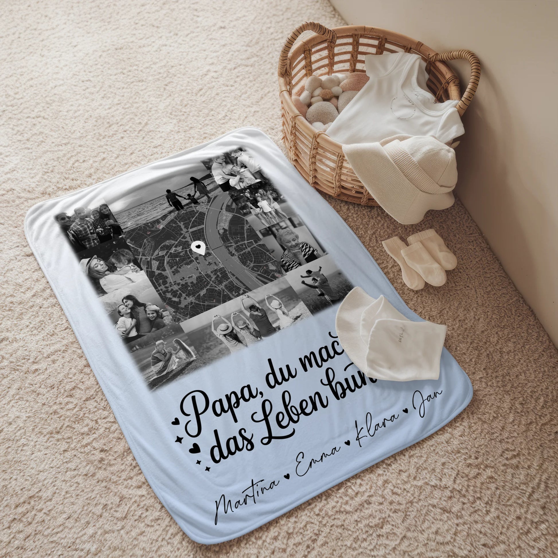 Personalisierte Decke für Mann mit 10 Fotos und Karte in der Mitte Schwarz-Weiß Papa du bist mein Farbtupfer 2