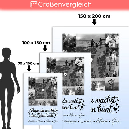 Personalisierte Decke für Mann mit 10 Fotos und Karte in der Mitte Schwarz-Weiß Papa du bist mein Farbtupfer 5