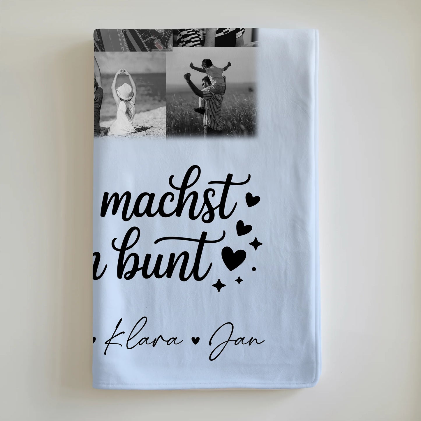 Personalisierte Decke für Mann mit 10 Fotos und Karte in der Mitte Schwarz-Weiß Papa du bist mein Farbtupfer 6