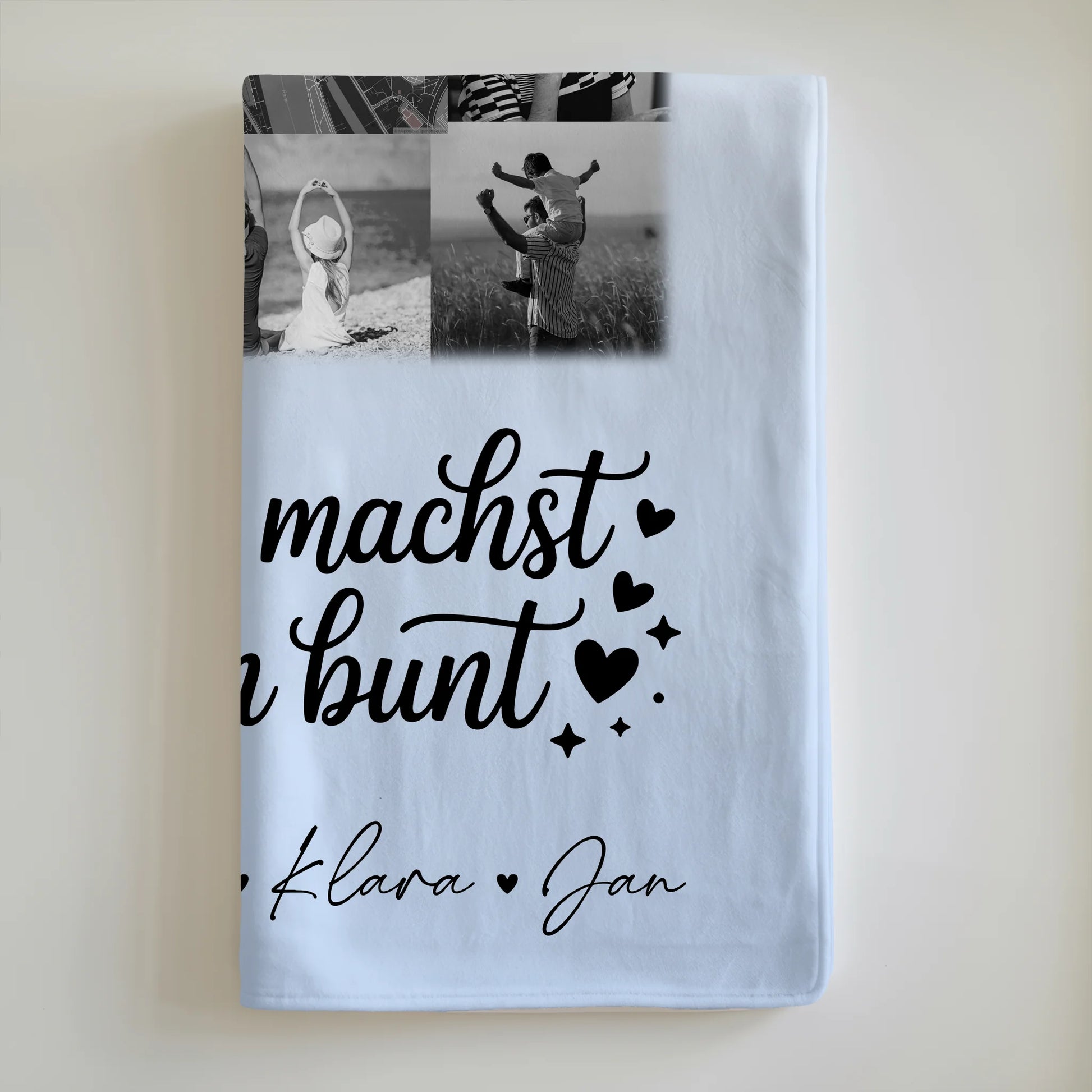 Personalisierte Decke für Mann mit 10 Fotos und Karte in der Mitte Schwarz-Weiß Papa du bist mein Farbtupfer 6