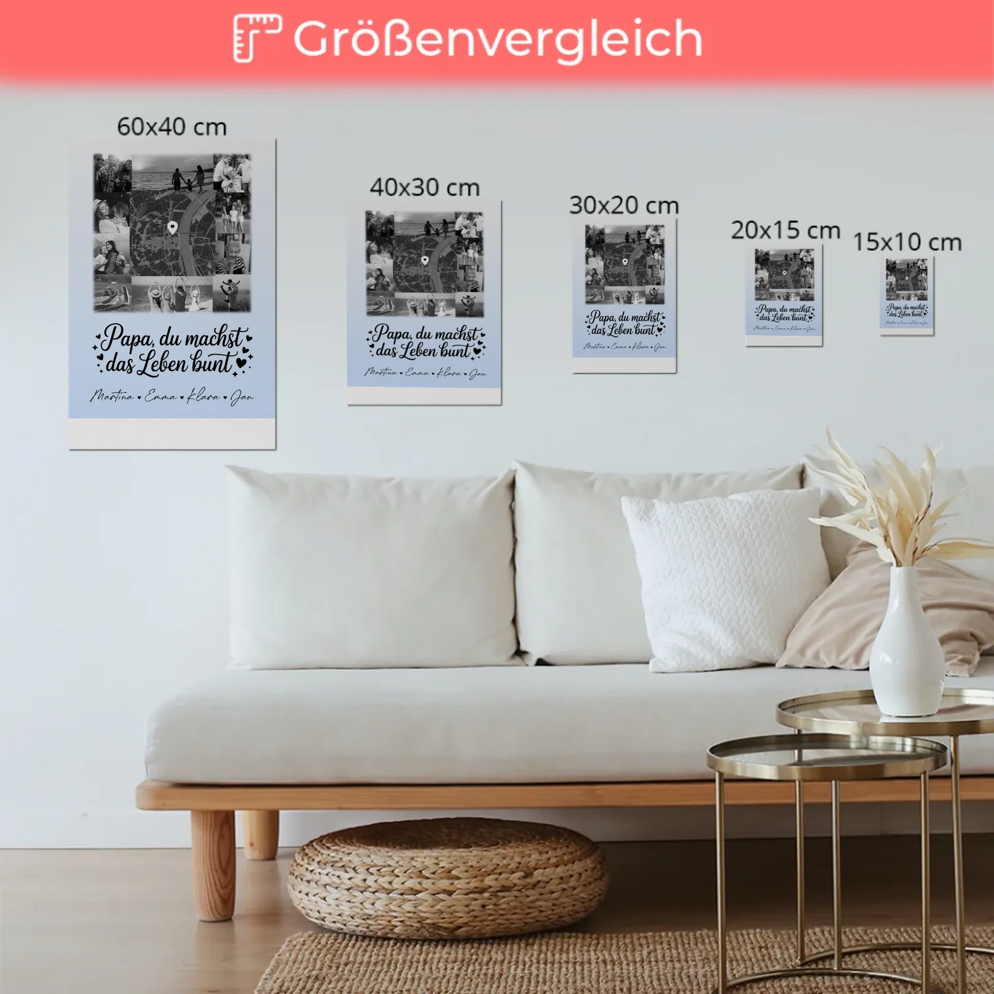 Personalisiertes Fotoboard Magnet Wandbild mit 10 Fotos und Karte in der Mitte Schwarz-Weiß Papa du bist mein Farbtupfer 6