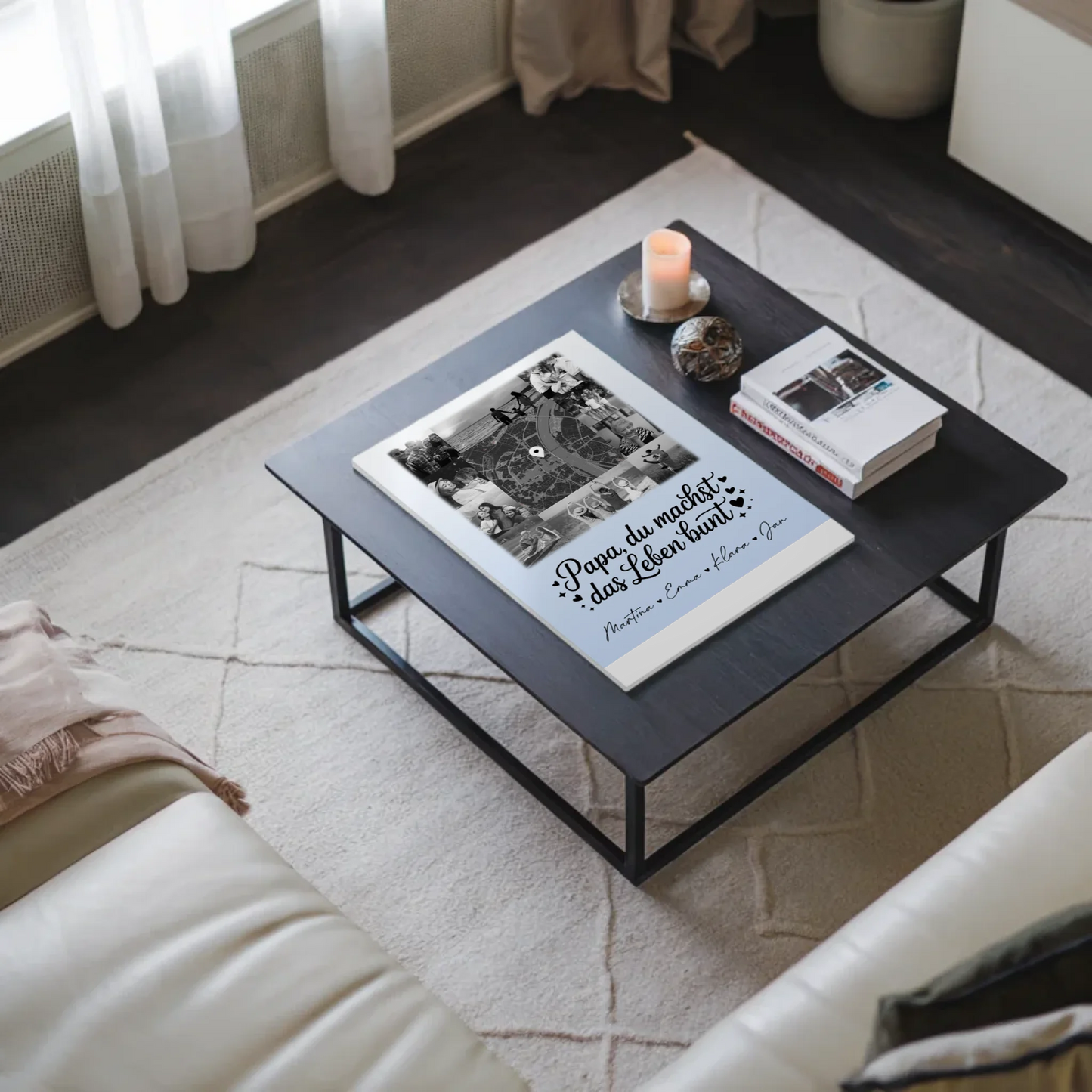 Personalisiertes Fotoboard Magnet Wandbild mit 10 Fotos und Karte in der Mitte Schwarz-Weiß Papa du bist mein Farbtupfer 3