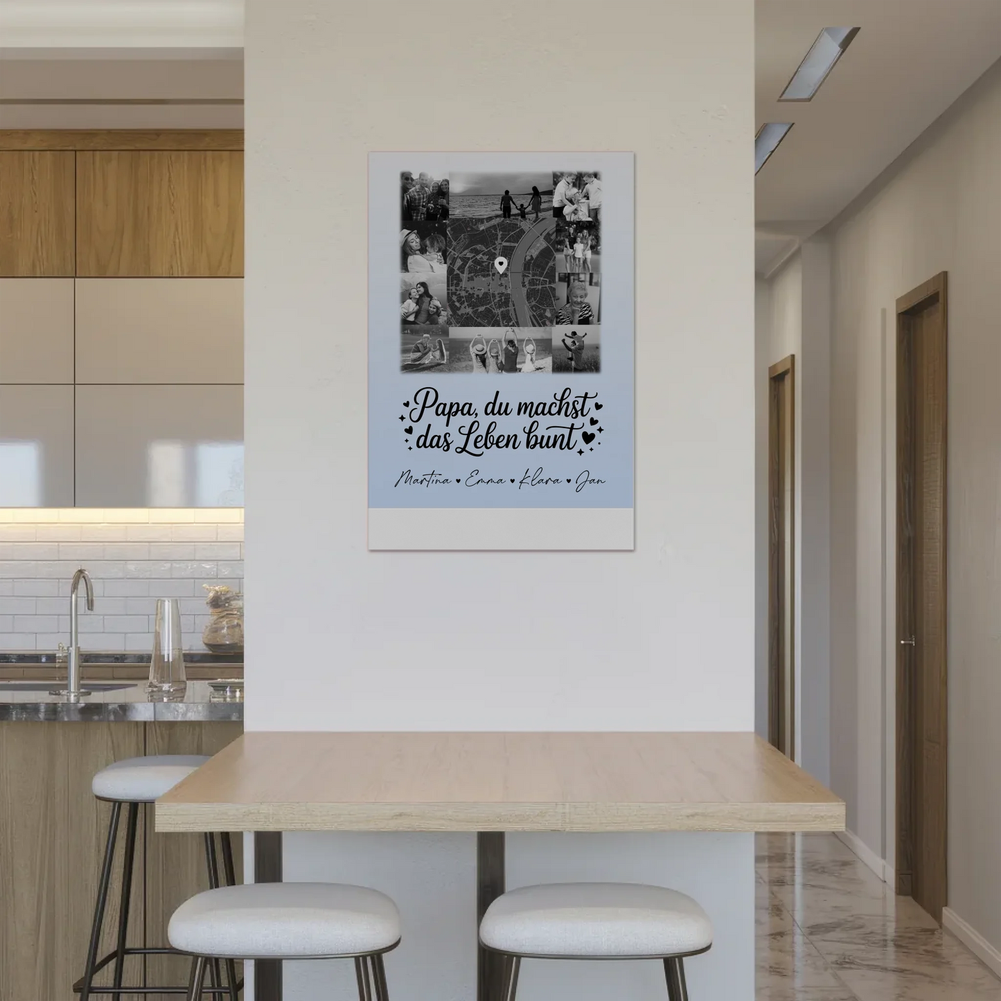 Personalisiertes Fotoboard Magnet Wandbild mit 10 Fotos und Karte in der Mitte Schwarz-Weiß Papa du bist mein Farbtupfer 2