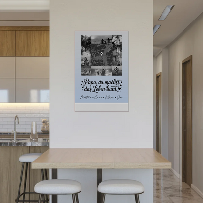 Personalisiertes Fotoboard Magnet Wandbild mit 10 Fotos und Karte in der Mitte Schwarz-Weiß Papa du bist mein Farbtupfer 2