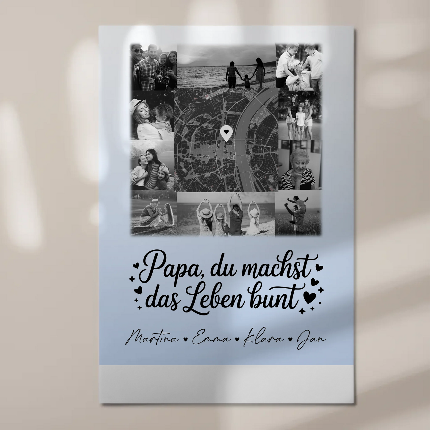 Personalisiertes Fotoboard Magnet Wandbild mit 10 Fotos und Karte in der Mitte Schwarz-Weiß Papa du bist mein Farbtupfer 1