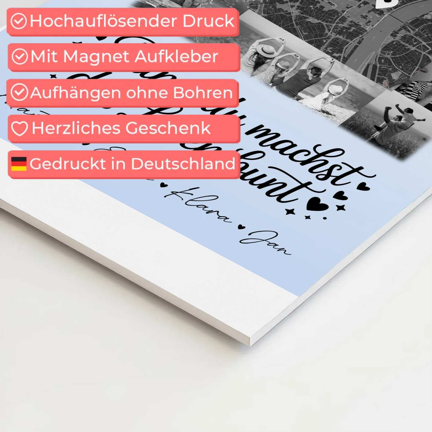 Personalisiertes Fotoboard Magnet Wandbild mit 10 Fotos und Karte in der Mitte Schwarz-Weiß Papa du bist mein Farbtupfer 4