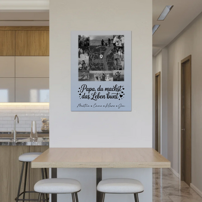 Personalisiertes Fotoboard Magnet Wandbild mit 10 Fotos und Karte in der Mitte Schwarz-Weiß Papa du bist mein Farbtupfer 8