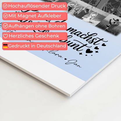 Personalisiertes Fotoboard Magnet Wandbild mit 10 Fotos und Karte in der Mitte Schwarz-Weiß Papa du bist mein Farbtupfer