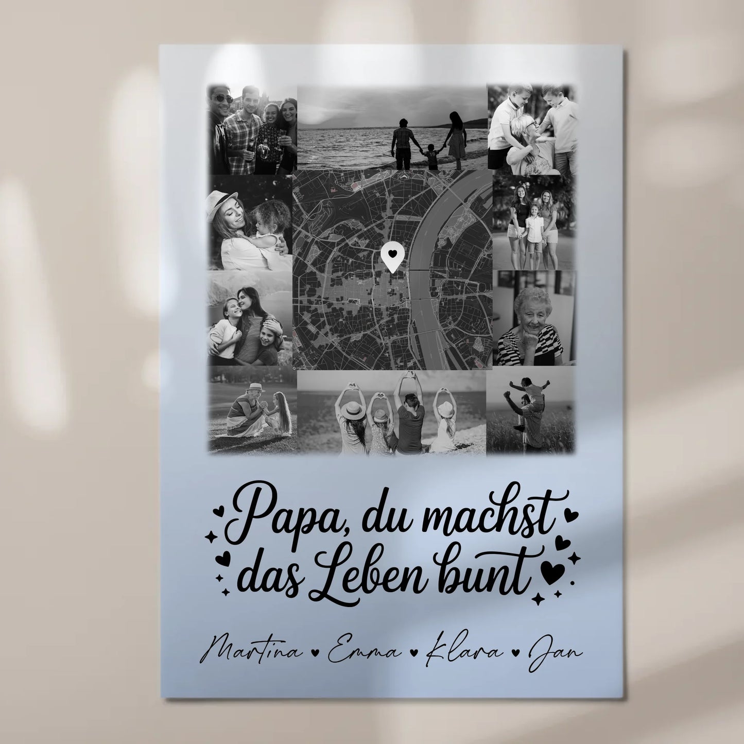 Personalisiertes Fotoboard Magnet Wandbild mit 10 Fotos und Karte in der Mitte Schwarz-Weiß Papa du bist mein Farbtupfer