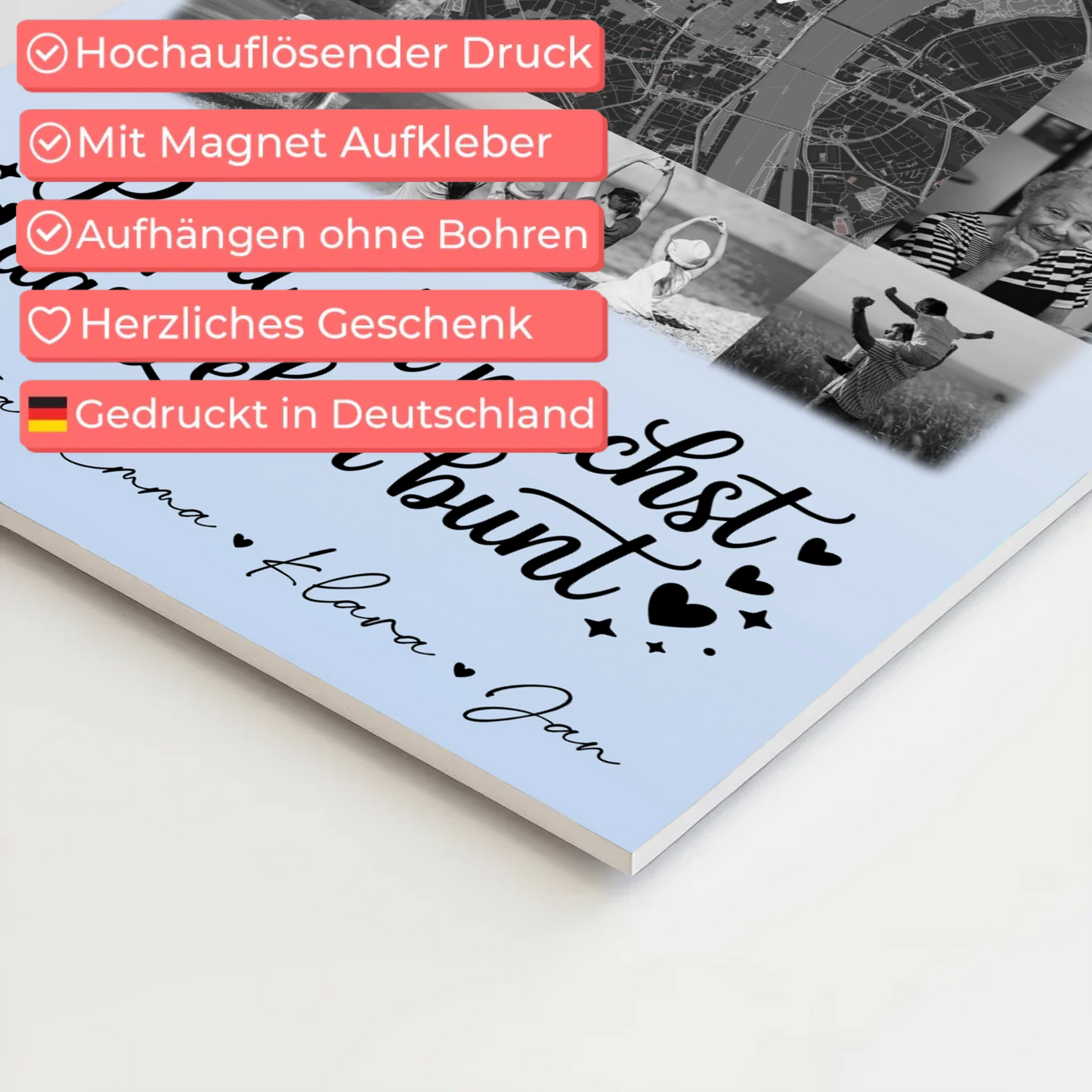 Personalisiertes Fotoboard Magnet Wandbild mit 10 Fotos und Karte in der Mitte Schwarz-Weiß Papa du bist mein Farbtupfer