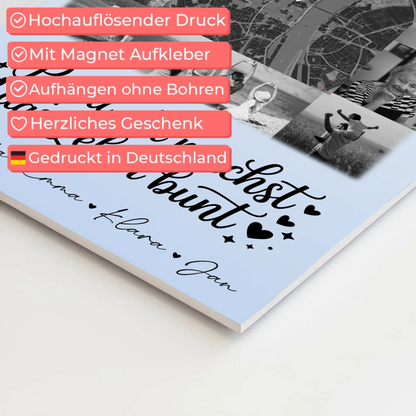 Personalisiertes Fotoboard Magnet Wandbild mit 10 Fotos und Karte in der Mitte Schwarz-Weiß Papa du bist mein Farbtupfer