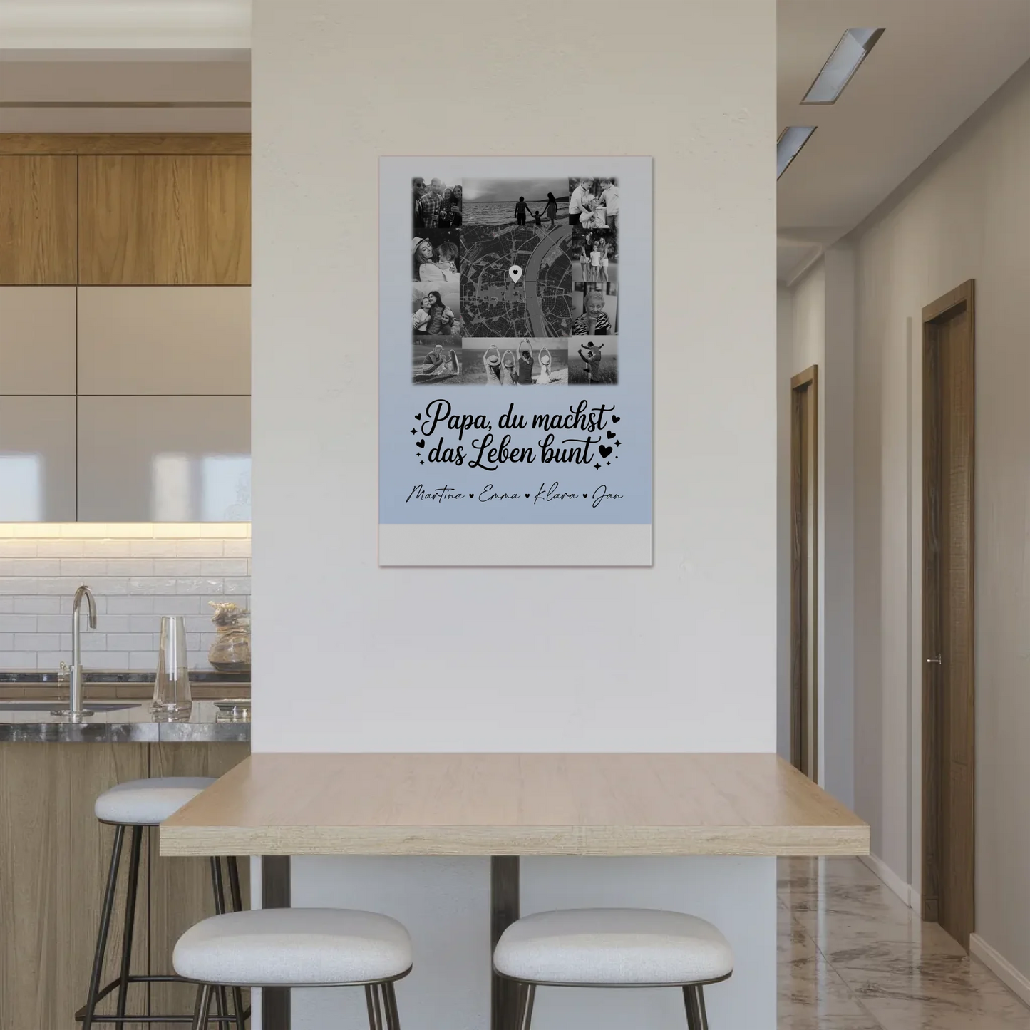 Personalisiertes Fotoboard Magnet Wandbild mit 10 Fotos und Karte in der Mitte Schwarz-Weiß Papa du bist mein Farbtupfer