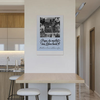 Personalisiertes Fotoboard Magnet Wandbild mit 10 Fotos und Karte in der Mitte Schwarz-Weiß Papa du bist mein Farbtupfer