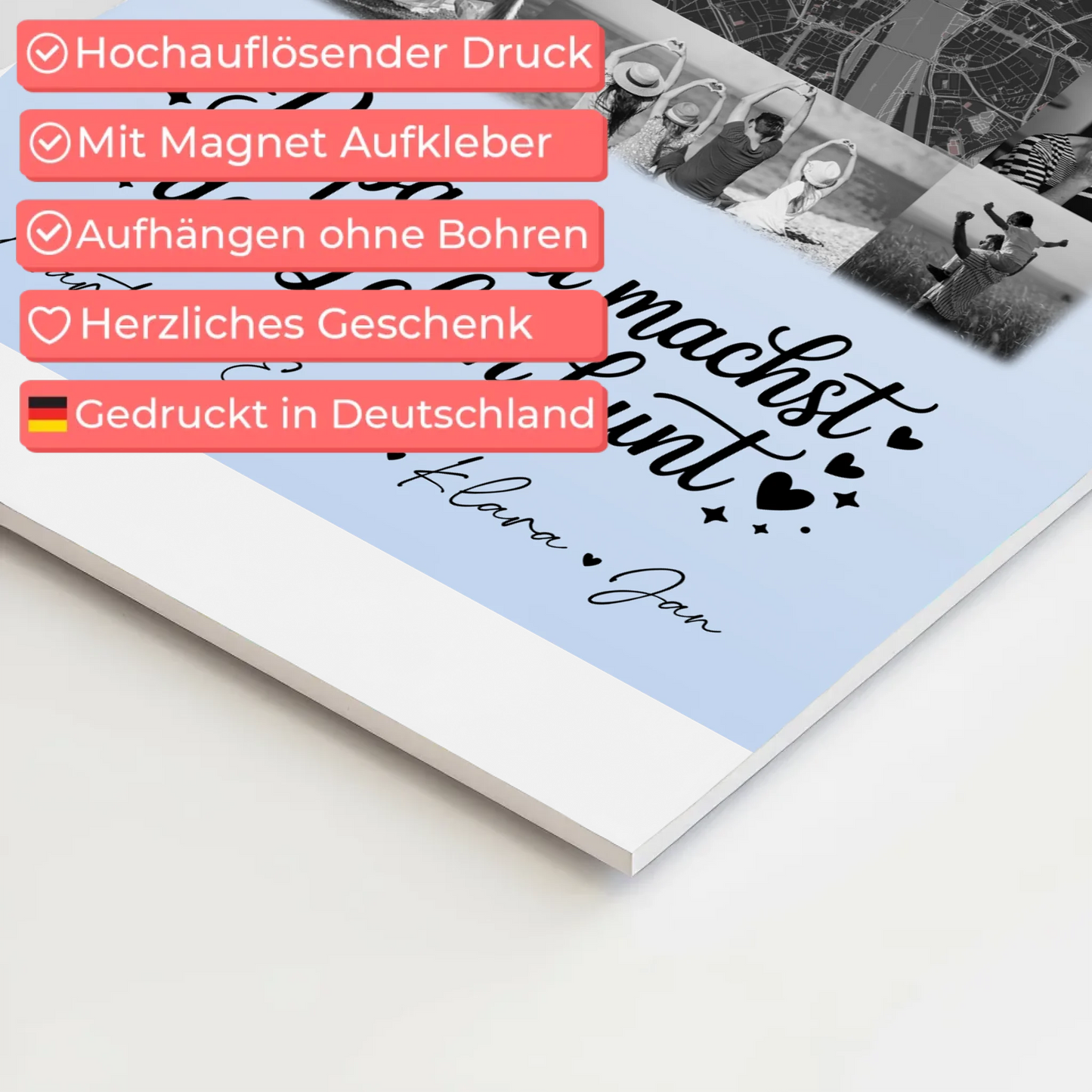 Personalisiertes Fotoboard Magnet Wandbild mit 10 Fotos und Karte in der Mitte Schwarz-Weiß Papa du bist mein Farbtupfer