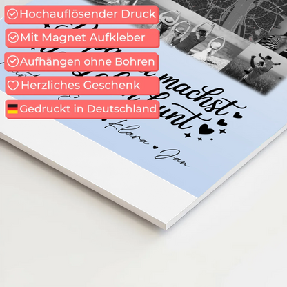 Personalisiertes Fotoboard Magnet Wandbild mit 10 Fotos und Karte in der Mitte Schwarz-Weiß Papa du bist mein Farbtupfer