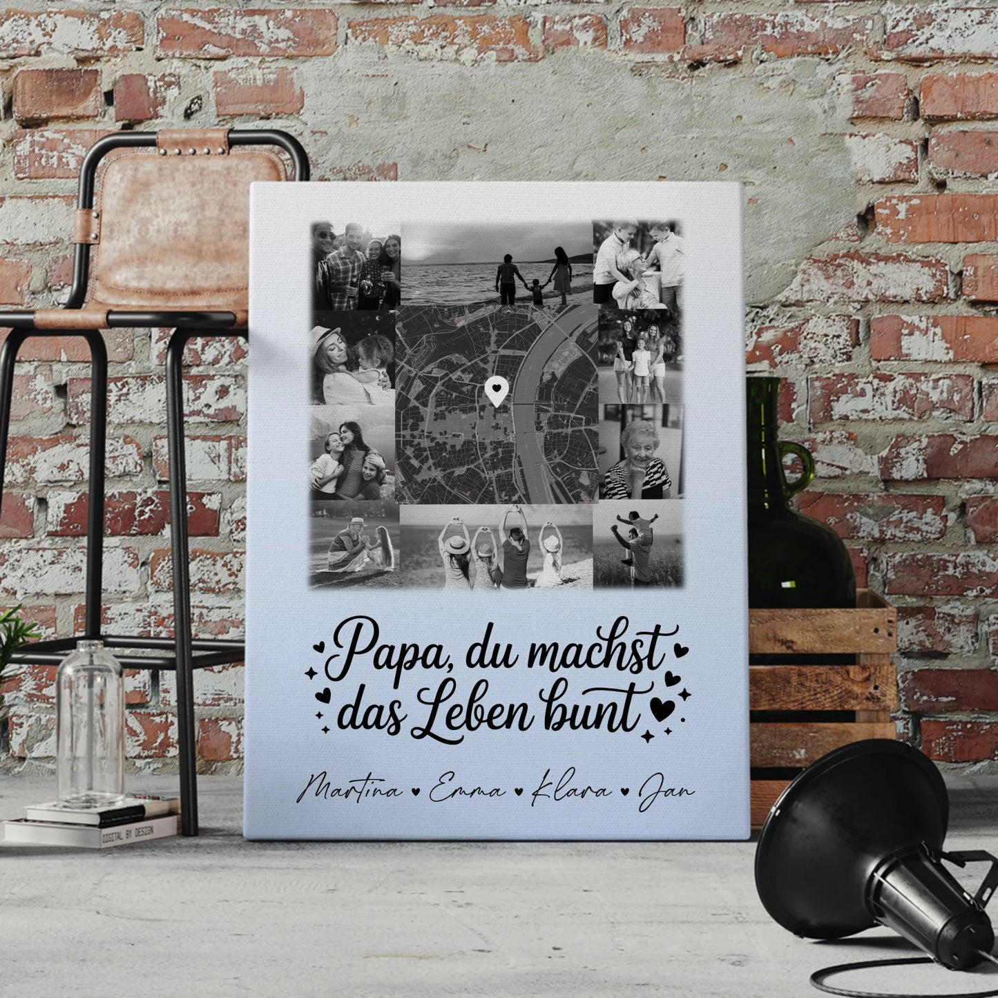 Leinwand Personalisiert mit 10 Fotos und Karte in der Mitte für Papa Du bist mein Farbtupfer Schwarz-Weiß Design 4