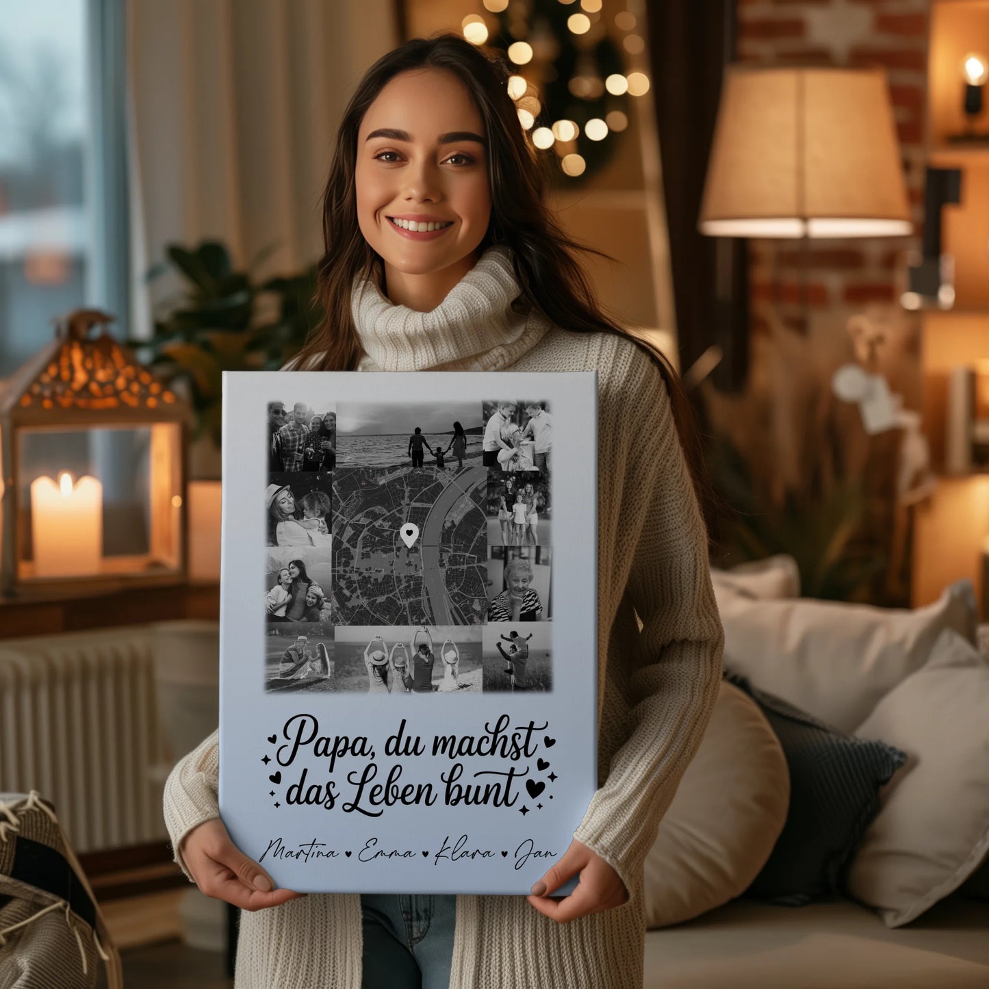 Leinwand Personalisiert mit 10 Fotos und Karte in der Mitte für Papa Du bist mein Farbtupfer Schwarz-Weiß Design 2