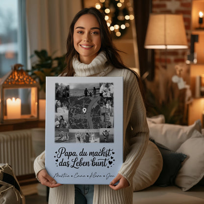 Leinwand Personalisiert mit 10 Fotos und Karte in der Mitte für Papa Du bist mein Farbtupfer Schwarz-Weiß Design 2
