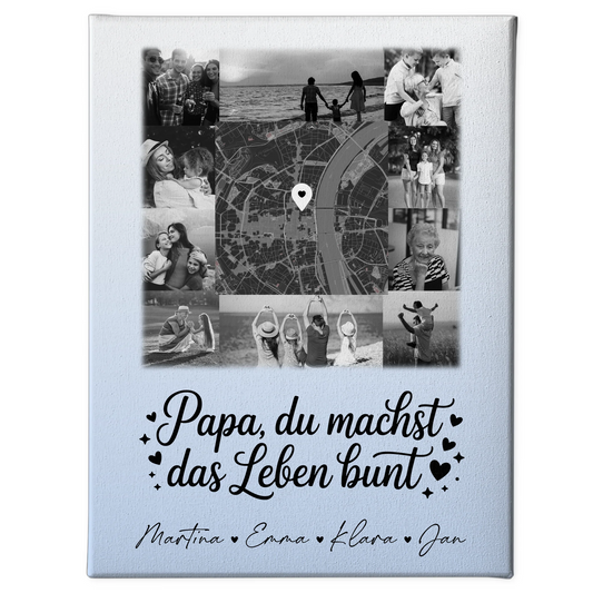 Leinwand Personalisiert mit 10 Fotos und Karte in der Mitte für Papa Du bist mein Farbtupfer Schwarz-Weiß Design 1