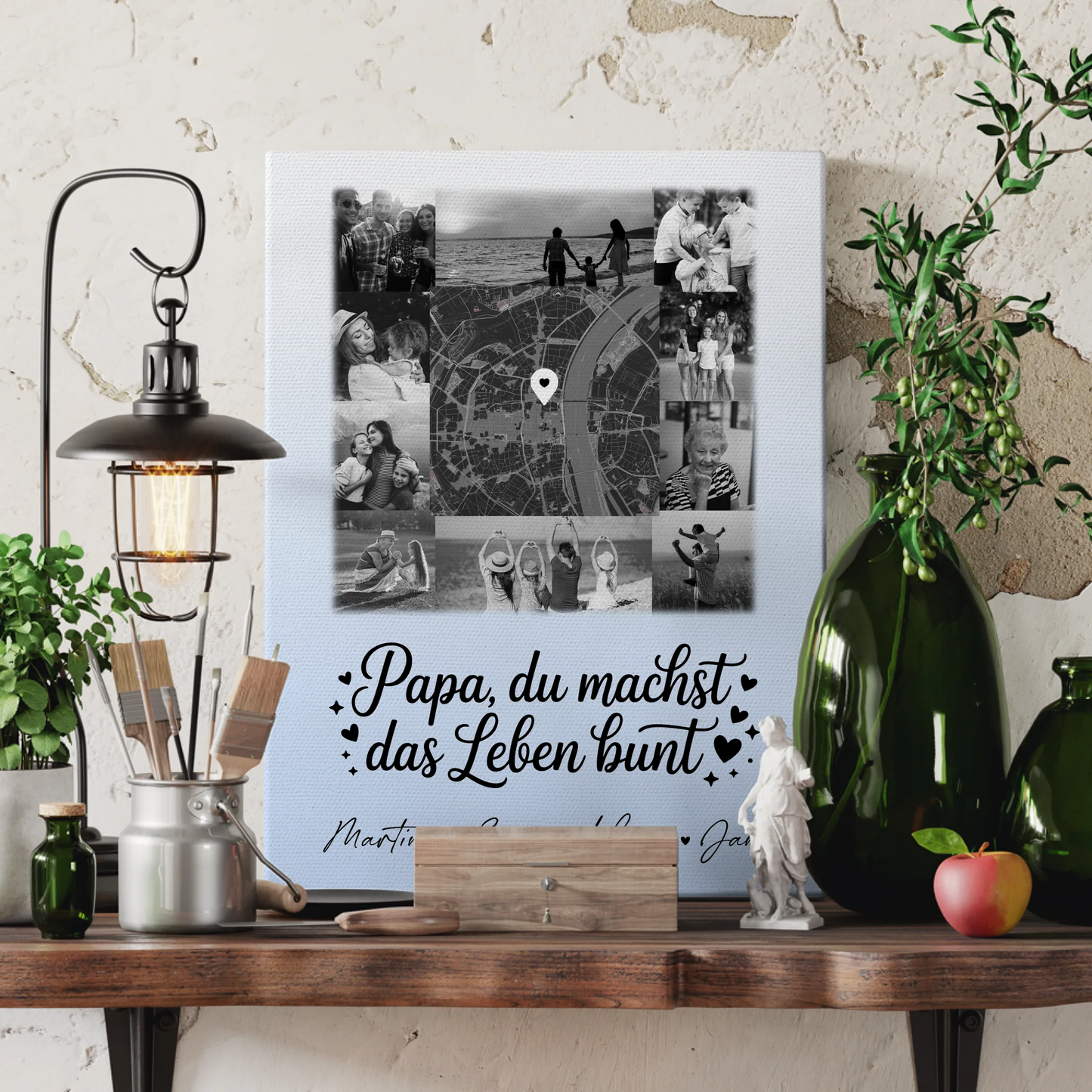 Leinwand Personalisiert mit 10 Fotos und Karte in der Mitte für Papa Du bist mein Farbtupfer Schwarz-Weiß Design 3