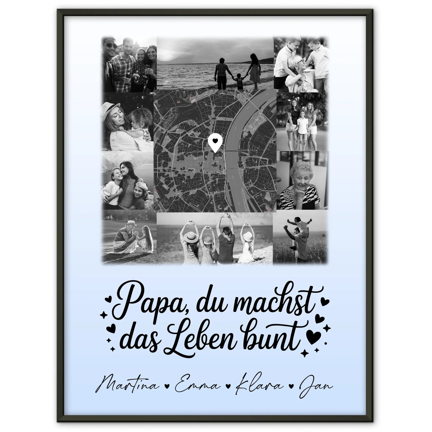 Papa Poster Personalisiert mit 10 Fotos und Karte in der Mitte Schwarz-Weiß Du bist mein Farbtupfer