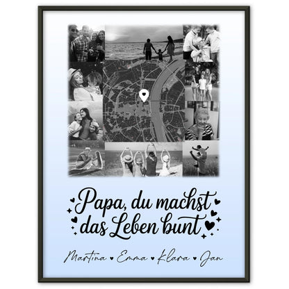Papa Poster Personalisiert mit 10 Fotos und Karte in der Mitte Schwarz-Weiß Du bist mein Farbtupfer