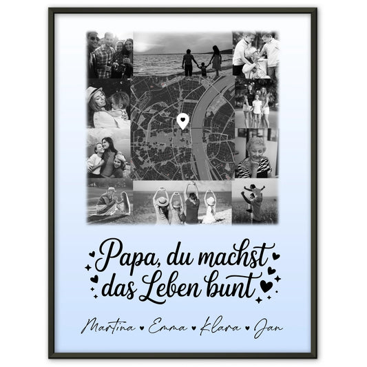 Papa Poster Personalisiert mit 10 Fotos und Karte in der Mitte Schwarz-Weiß Du bist mein Farbtupfer
