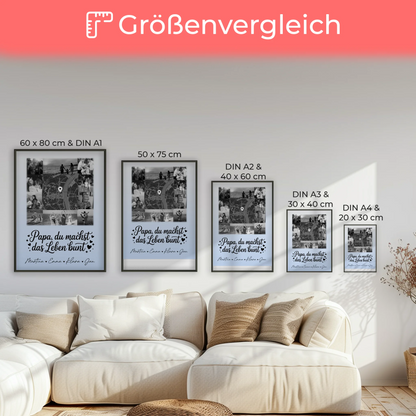 Papa Poster Personalisiert mit 10 Fotos und Karte in der Mitte Schwarz-Weiß Du bist mein Farbtupfer