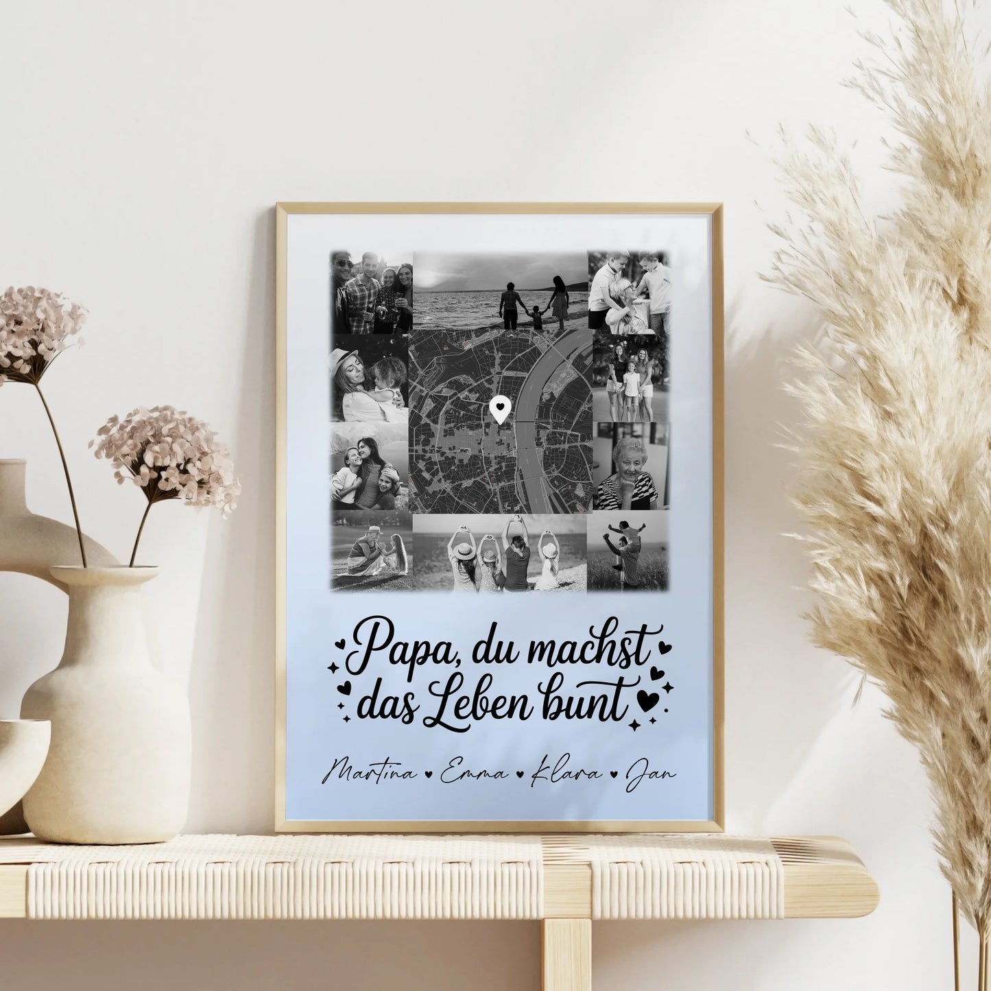 Papa Poster Personalisiert mit 10 Fotos und Karte in der Mitte Schwarz-Weiß Du bist mein Farbtupfer