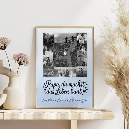 Papa Poster Personalisiert mit 10 Fotos und Karte in der Mitte Schwarz-Weiß Du bist mein Farbtupfer