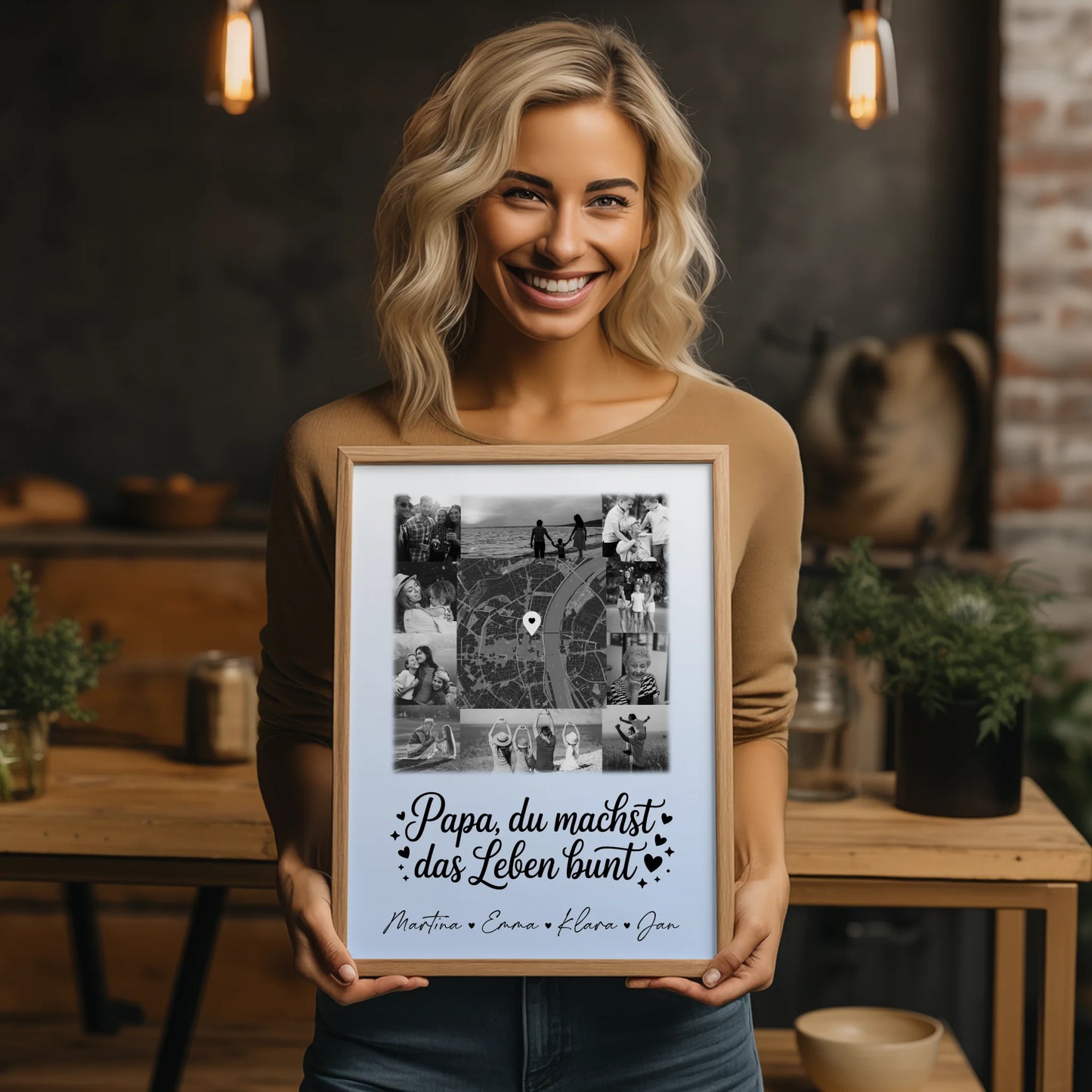 Papa Poster Personalisiert mit 10 Fotos und Karte in der Mitte Schwarz-Weiß Du bist mein Farbtupfer