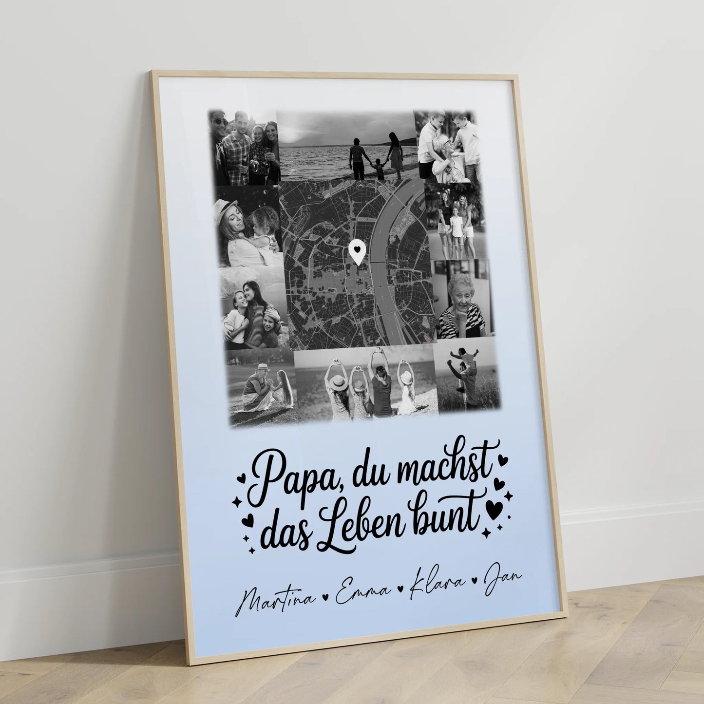 Papa Poster Personalisiert mit 10 Fotos und Karte in der Mitte Schwarz-Weiß Du bist mein Farbtupfer