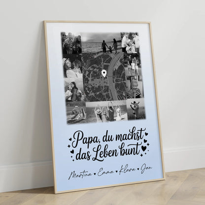 Papa Poster Personalisiert mit 10 Fotos und Karte in der Mitte Schwarz-Weiß Du bist mein Farbtupfer