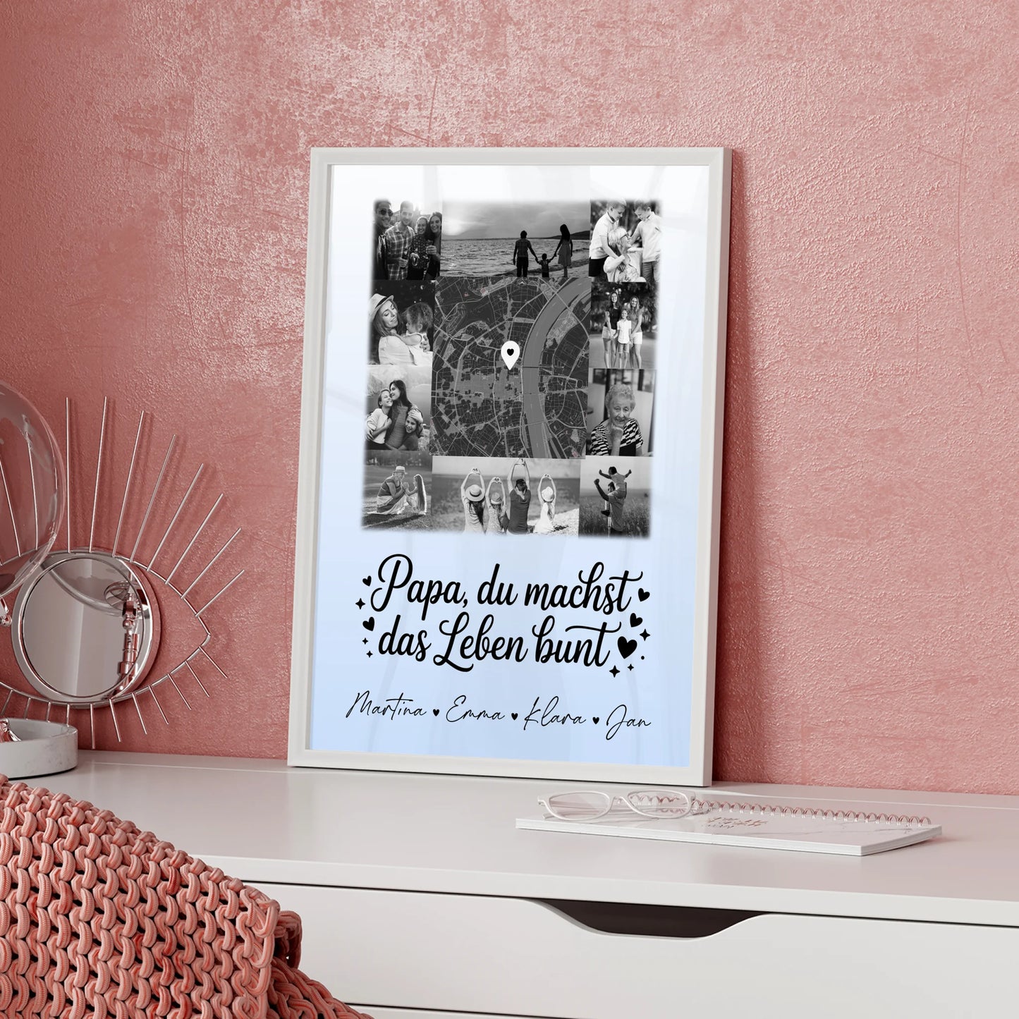 Papa Poster Personalisiert mit 10 Fotos und Karte in der Mitte Schwarz-Weiß Du bist mein Farbtupfer