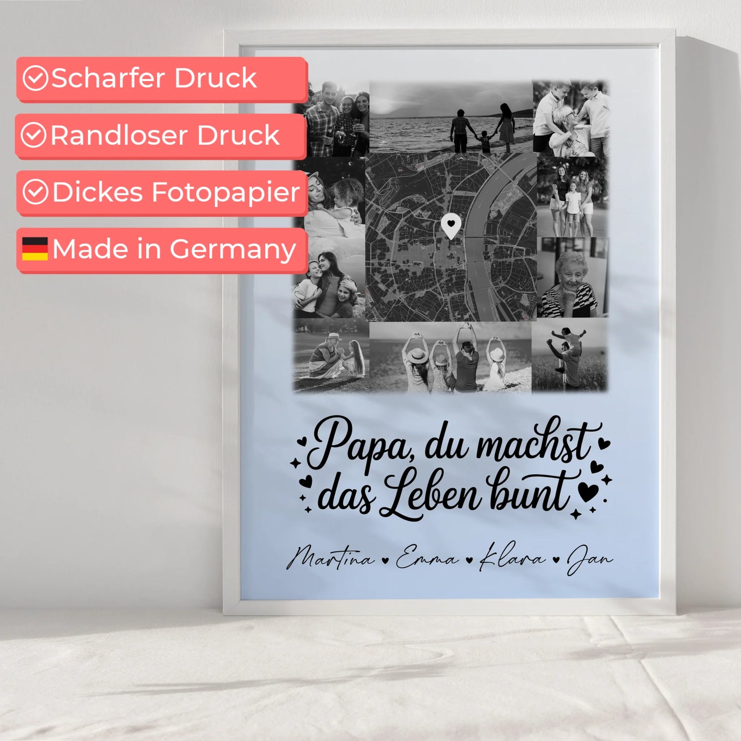 Papa Poster Personalisiert mit 10 Fotos und Karte in der Mitte Schwarz-Weiß Du bist mein Farbtupfer