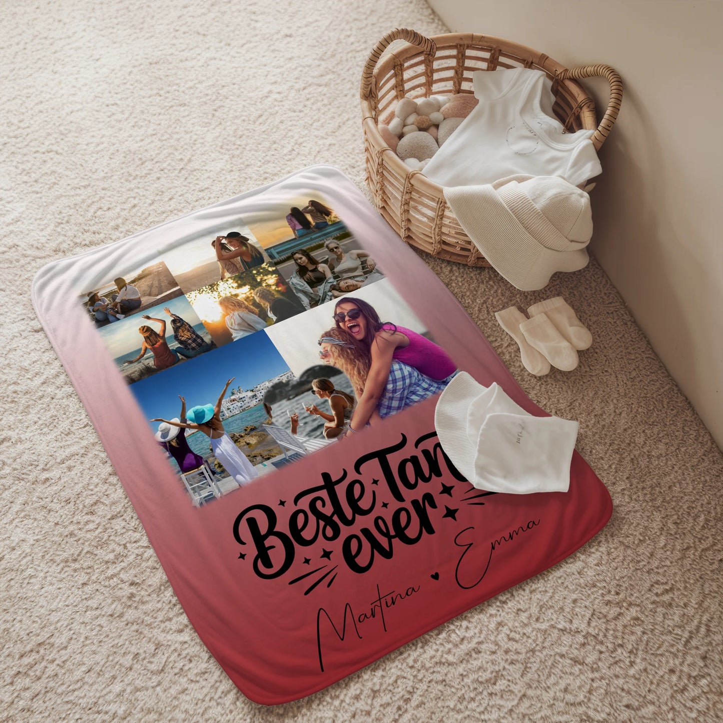 Personalisierte Kuscheldecke mit Namen, Motiv, 8 Fotos & Herz – Das perfekte Geschenk für die beste Tante 2