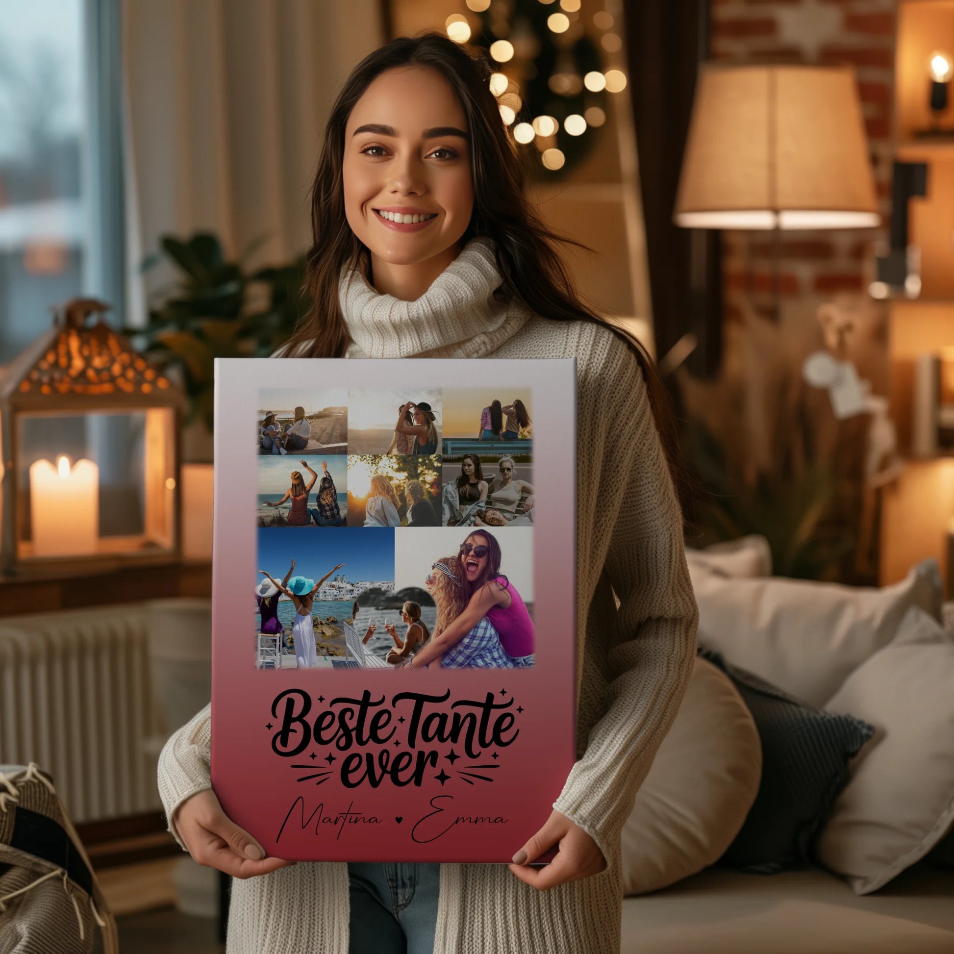 Personalisierte Leinwand Bild mit 8 Fotos und 1 Herz Foto für die Beste Tante Ever 2