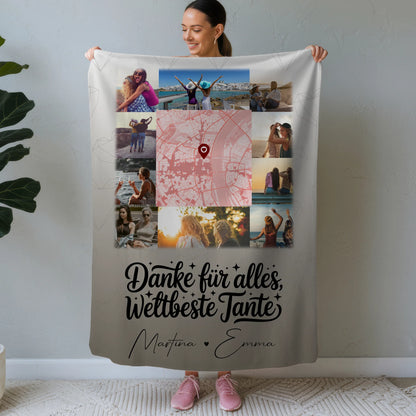 Personalisierte Namensdecke mit 10 Fotos und Karte in der Mitte für die beste Nichte danke für alles 1