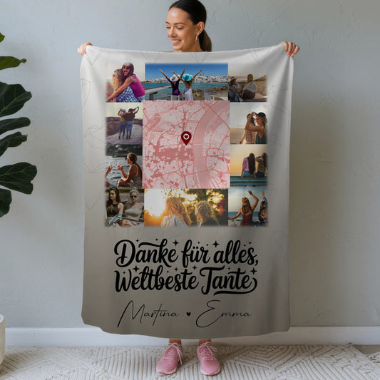 Personalisierte Namensdecke mit 10 Fotos und Karte in der Mitte für die beste Nichte danke für alles 1
