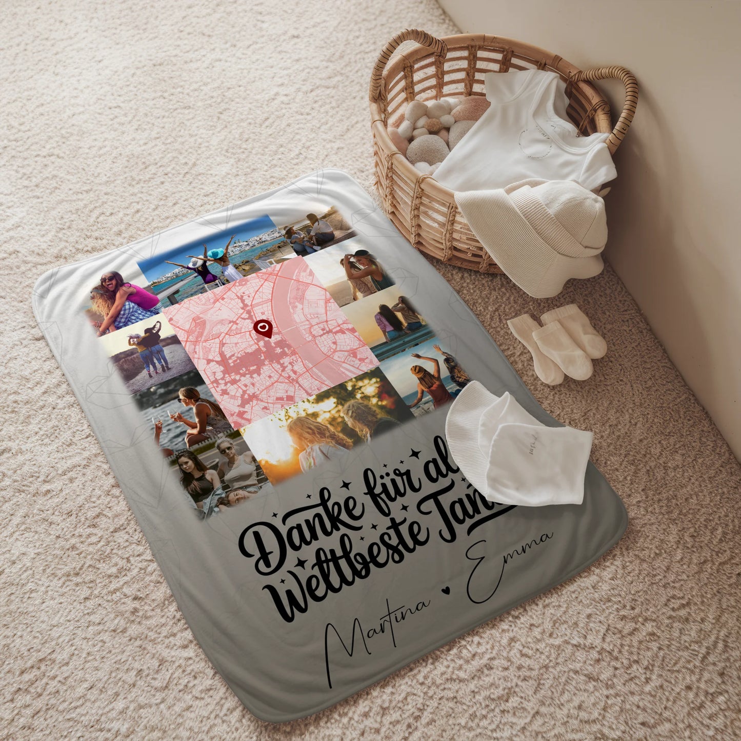 Personalisierte Namensdecke mit 10 Fotos und Karte in der Mitte für die beste Nichte danke für alles 2