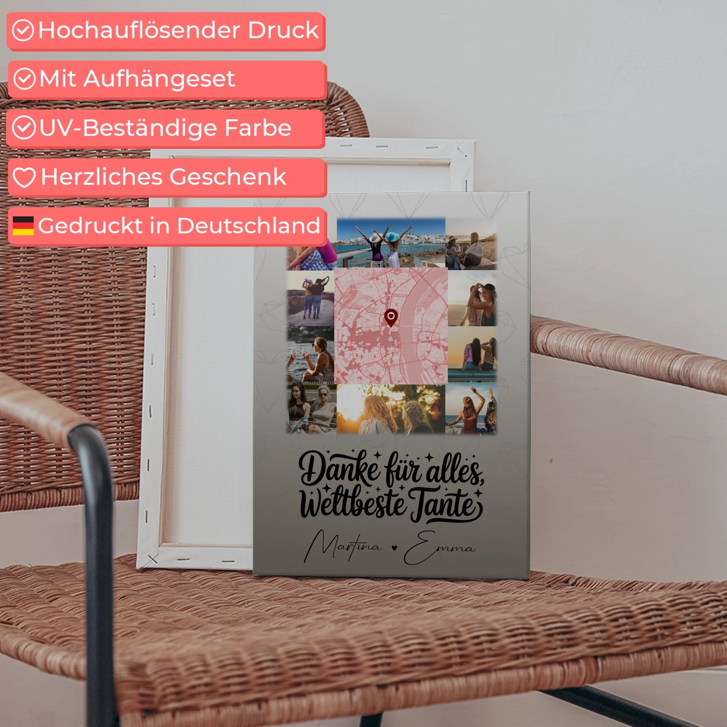 Leinwand Wandbild mit 10 Fotos und Karte in der Mitte Beste Nichte Danke für alles 5