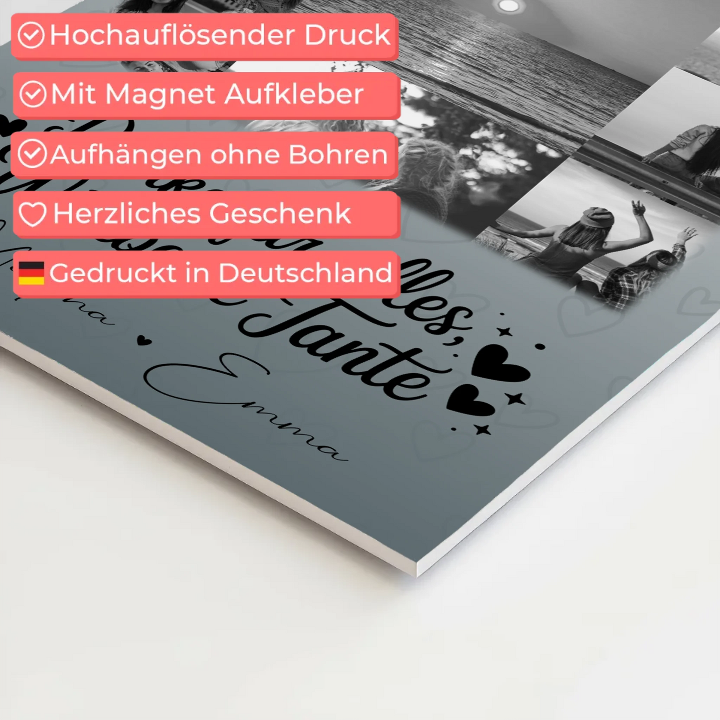 Personalisierte Fotoboard Magnet Wandbild mit 11 Fotos für die beste Nichte Schwarz-Weiß