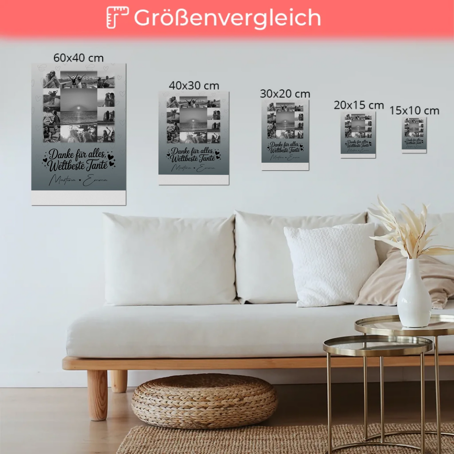 Personalisierte Fotoboard Magnet Wandbild mit 11 Fotos für die beste Nichte Schwarz-Weiß