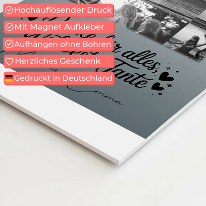 Personalisierte Fotoboard Magnet Wandbild mit 11 Fotos für die beste Nichte Schwarz-Weiß