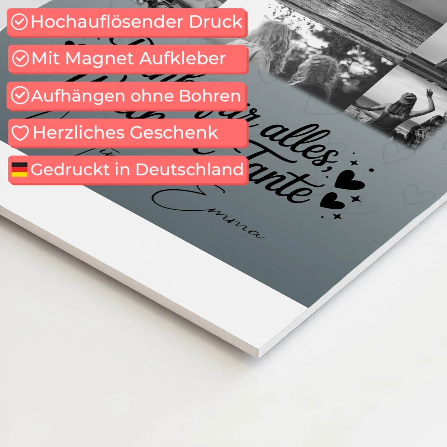 Personalisierte Fotoboard Magnet Wandbild mit 11 Fotos für die beste Nichte Schwarz-Weiß