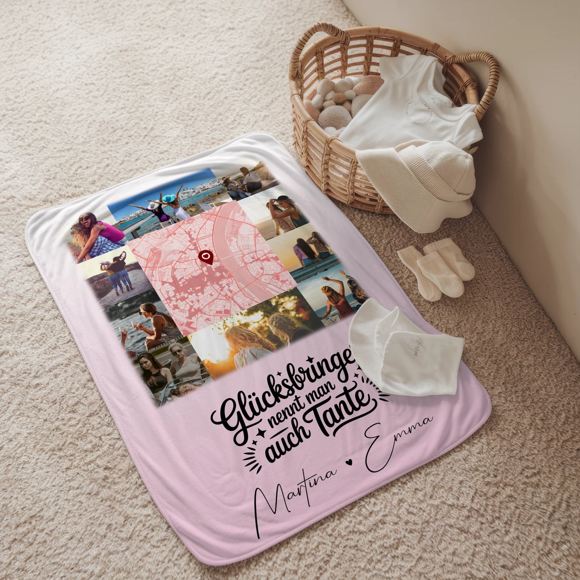 Personalisierte Kuscheldecke Mit Namen Und Motiv mit 10 Fotos und Karte in der Mitte Glücksbringer nennt man auch Bruder 2