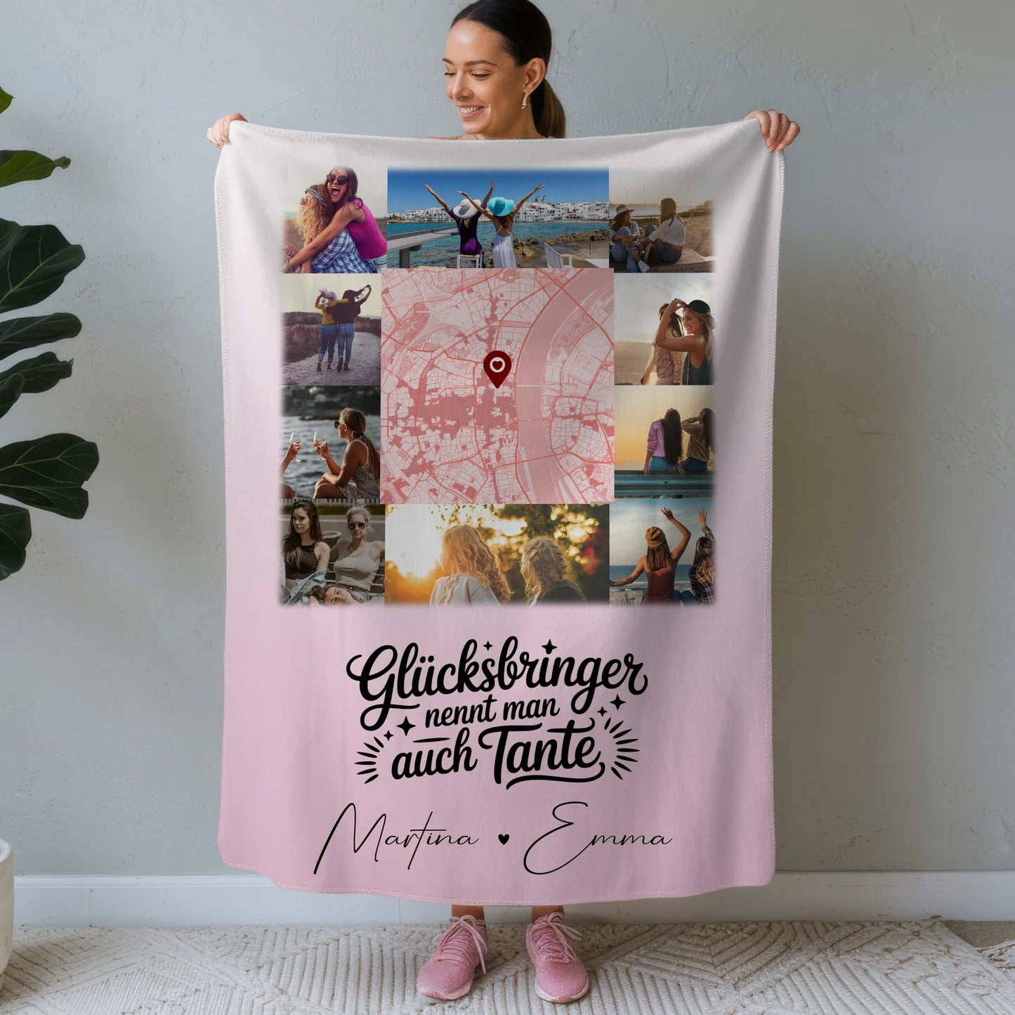 Personalisierte Kuscheldecke Mit Namen Und Motiv mit 10 Fotos und Karte in der Mitte Glücksbringer nennt man auch Bruder 1